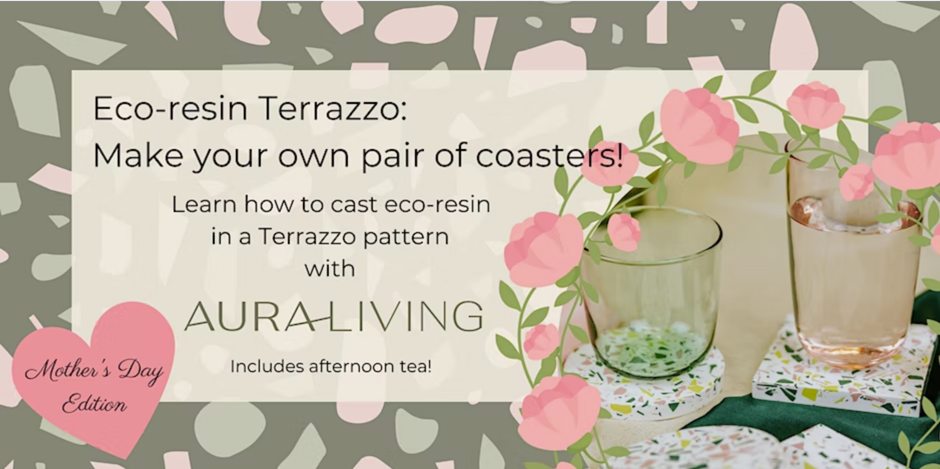 a terrazzo pattern with an image of some terrazzo coasters with flowers around and text about the class