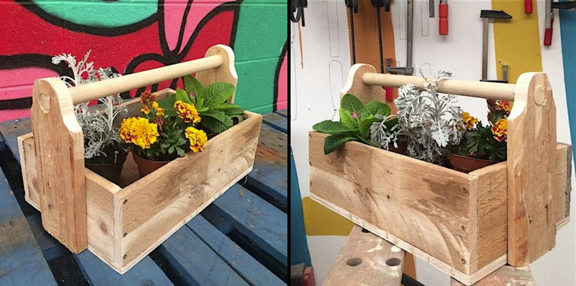 two images of a toolbox with plants in them in front of a colourful background