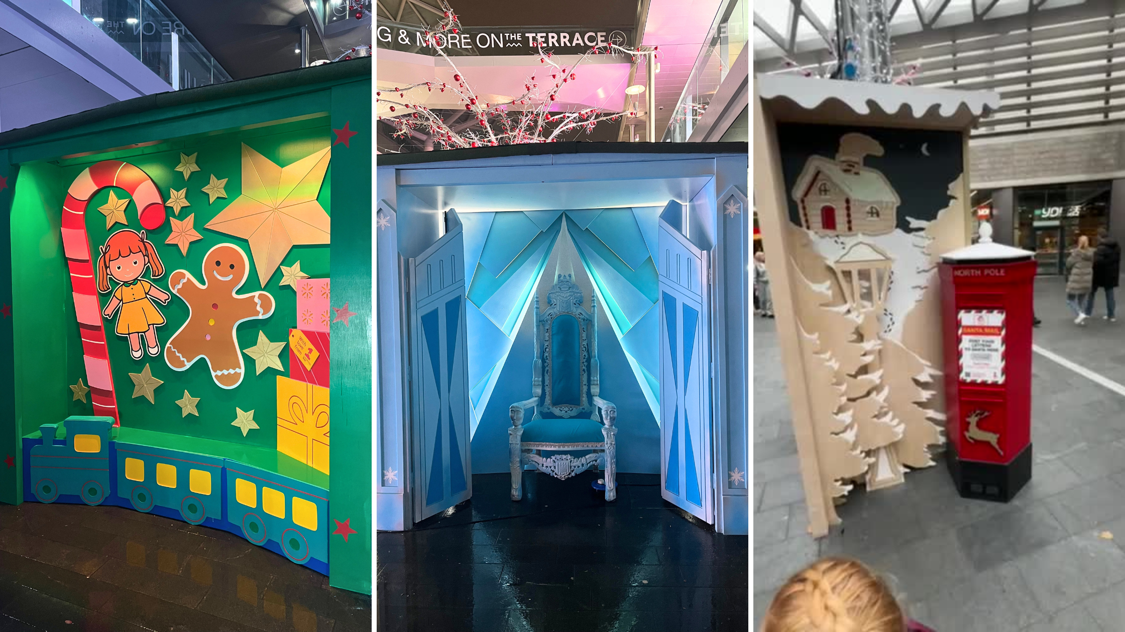 An image of each of the three installations. A toy box scene, an ice throne scen and a post box scene